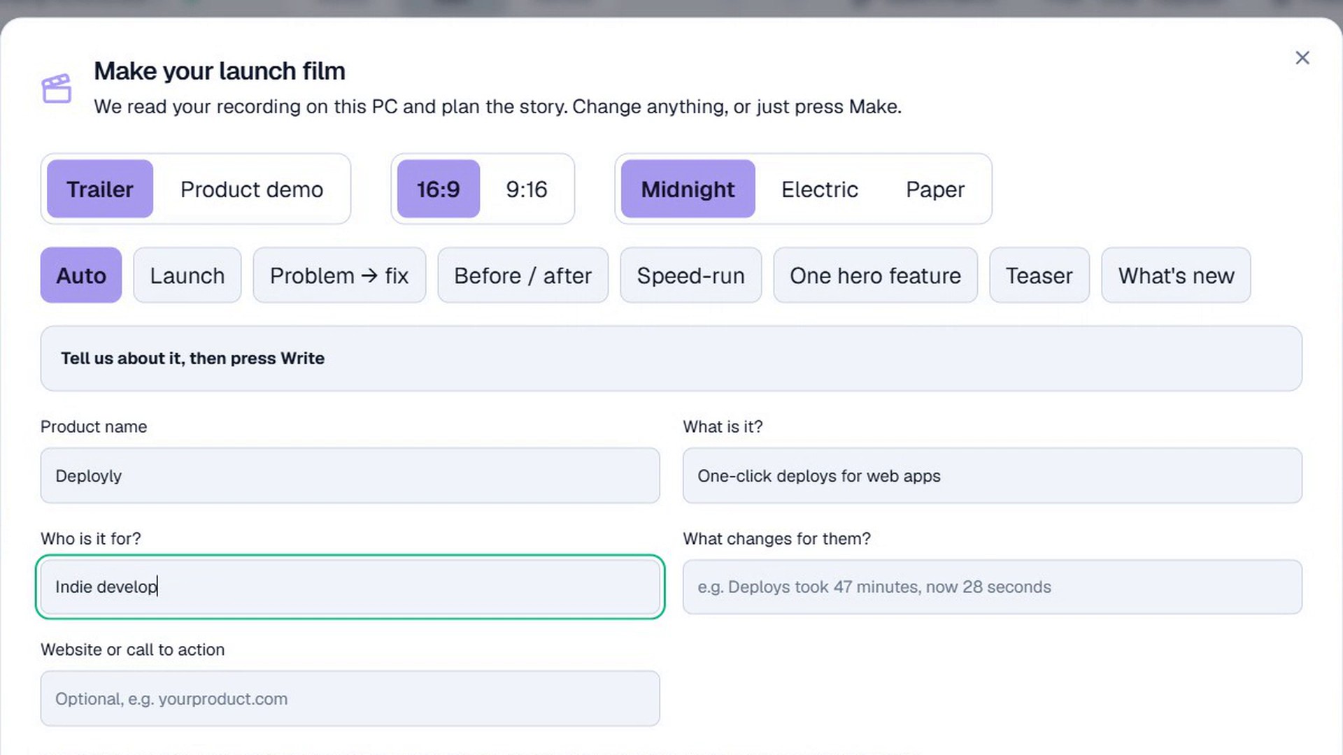 LaunchLoop AI story builder with product brief and film options